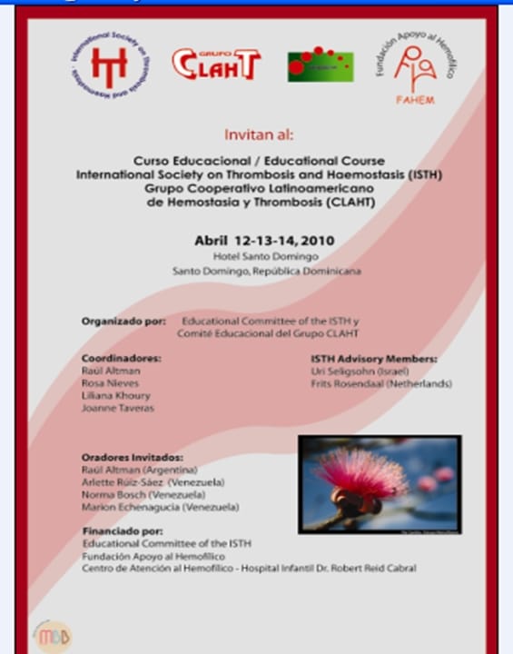 Afiche Curso Educacional ISTH Grupo CLAHT Santo Domingo, REpública Dominicana 2010